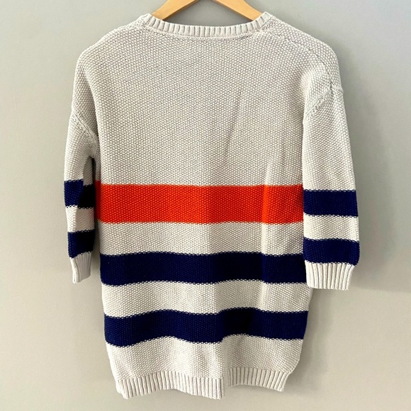 Natural Selections Cotton Crop Sleeve Oatmeal Knit w Orange Navy Striped Sweater - Picture 3 of 3
